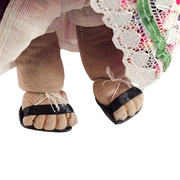 Handmade Bolivian Cloth Doll 9" Traditional Dress Red Hat Colorful Skirt & Beads - Picture 7 of 16